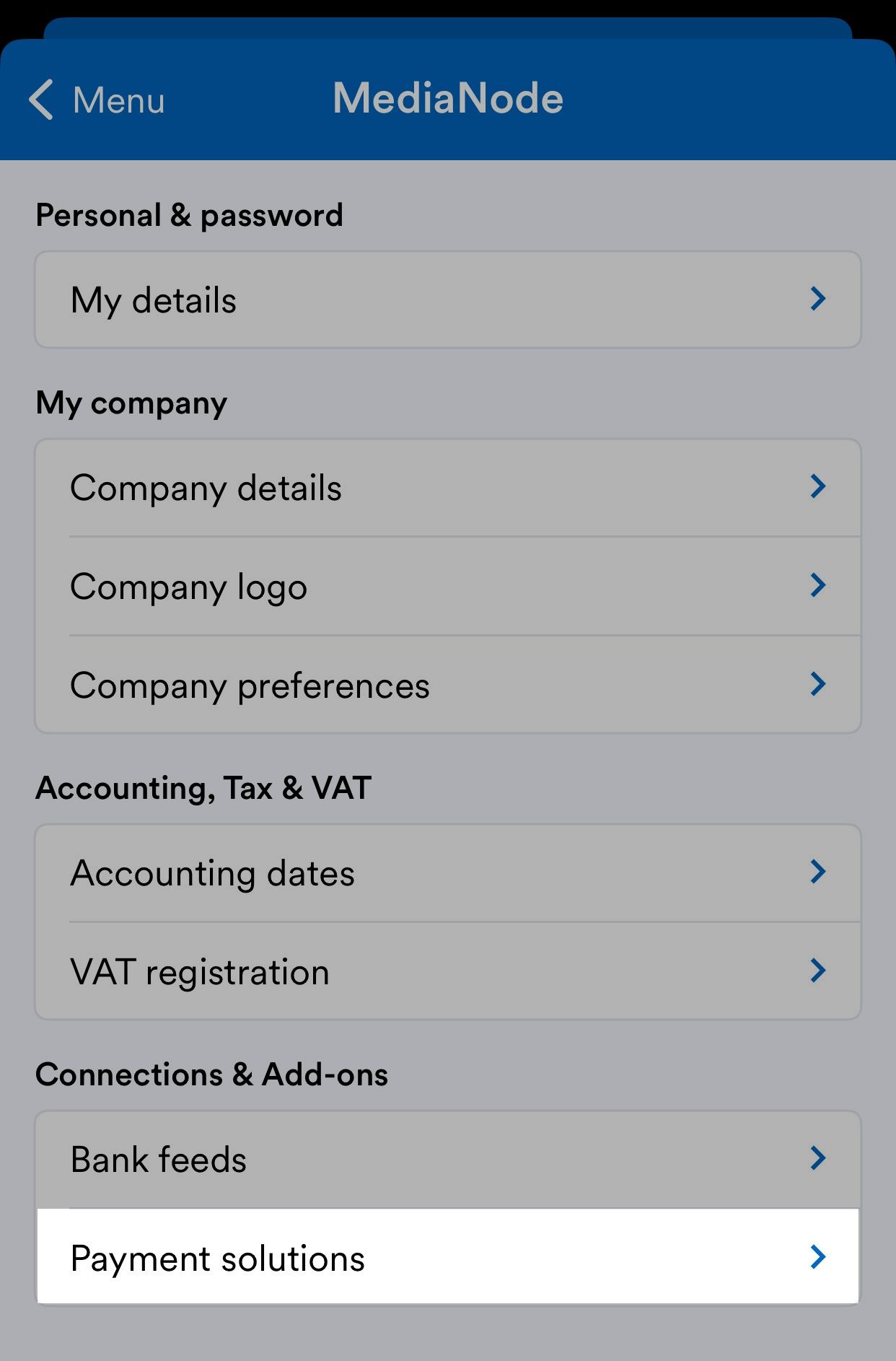 'Payment solutions' highlighted on business name page.