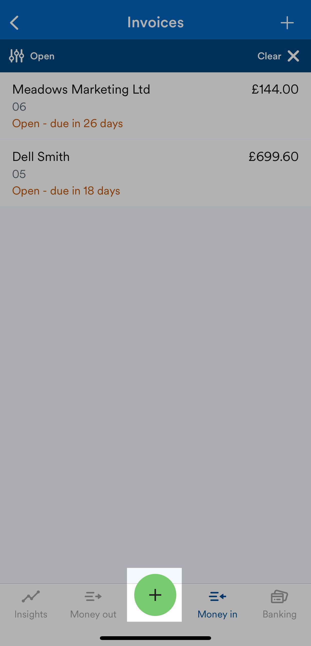 '+' button highlighted at bottom of screen.