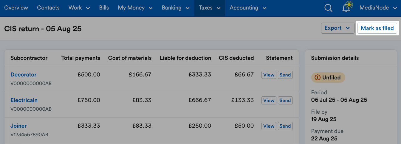Mark as Filed button highlighted in the top-right