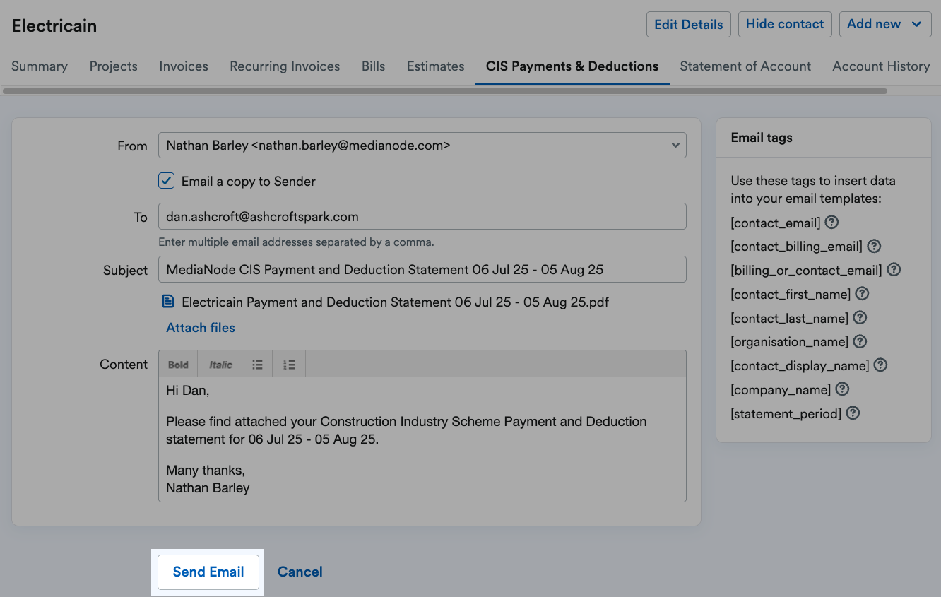 Send email button highlighted
