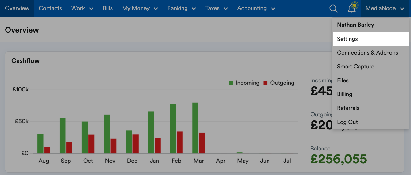 Settings highlighted in drop-down menu below business name