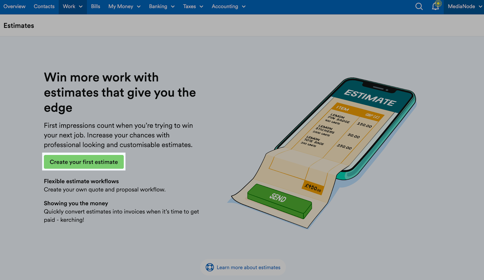 'Create your first estimate' button highlighted on Estimates page.