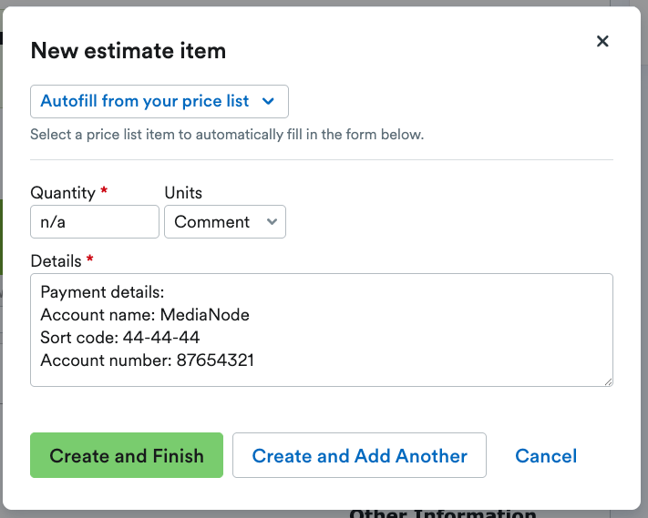 New estimate item pop up window.