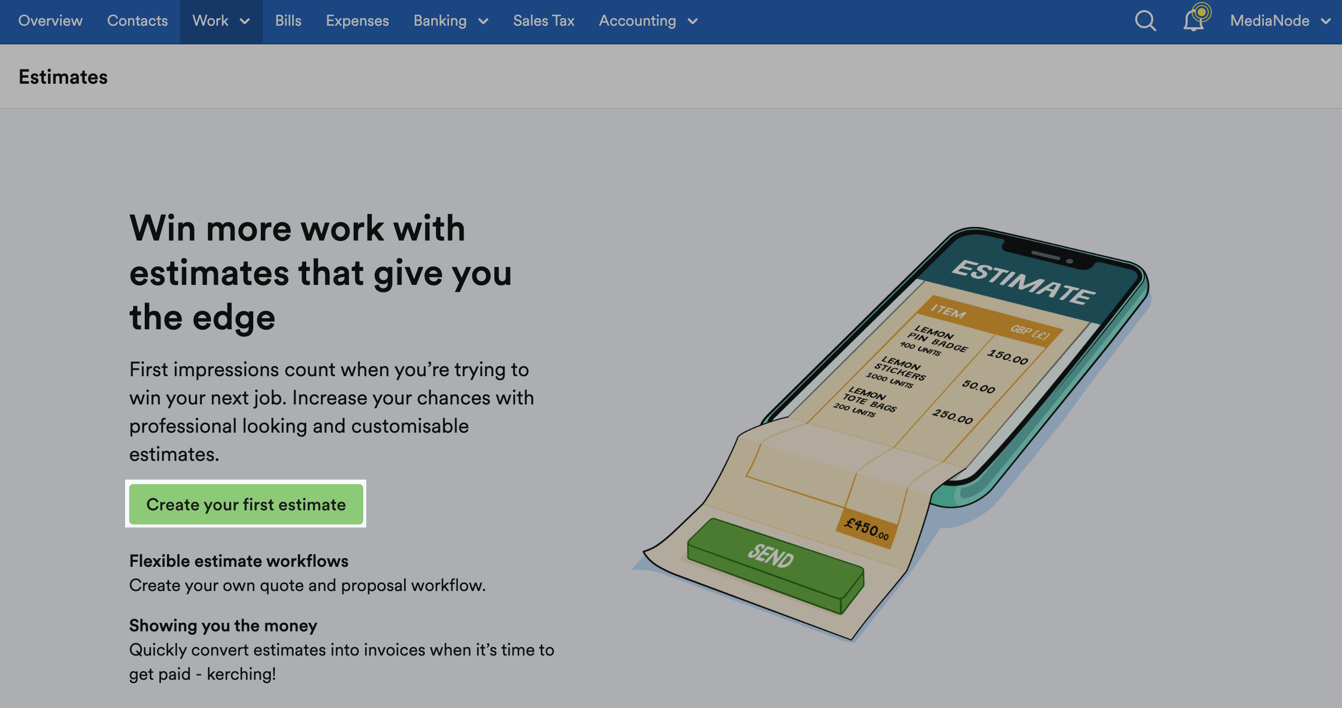 ‘Create your first estimate’ button highlighted on Estimates page.