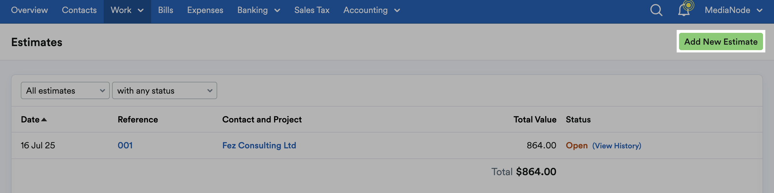 ‘Add New Estimate’ button highlighted at top of Estimates page.