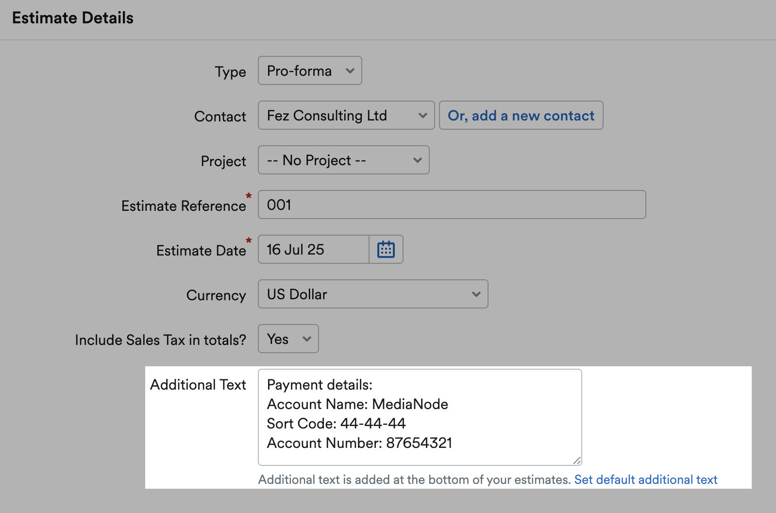 Additional Text box highlighted with payment details input.