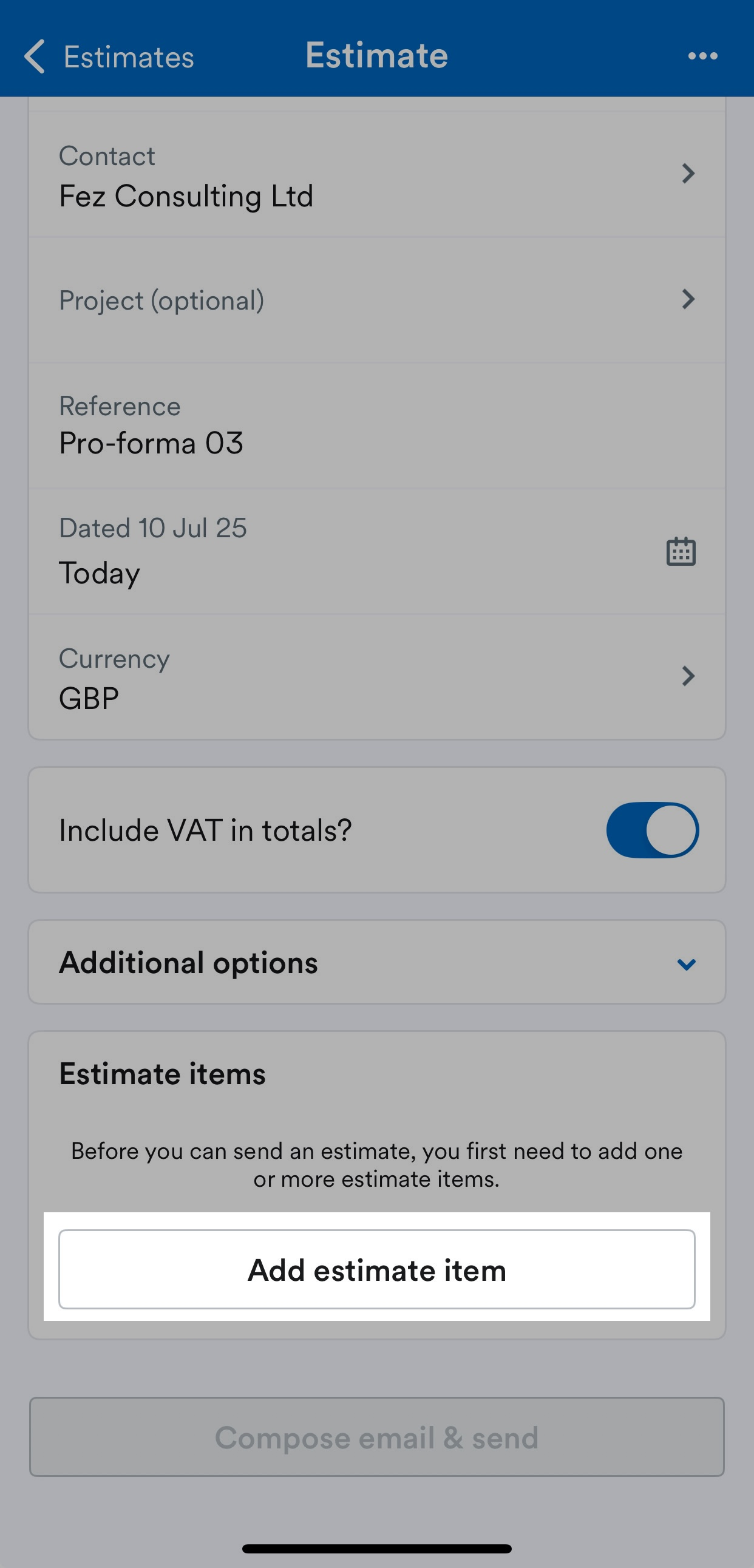 'Add estimate item' button highlighted on Estimate page.