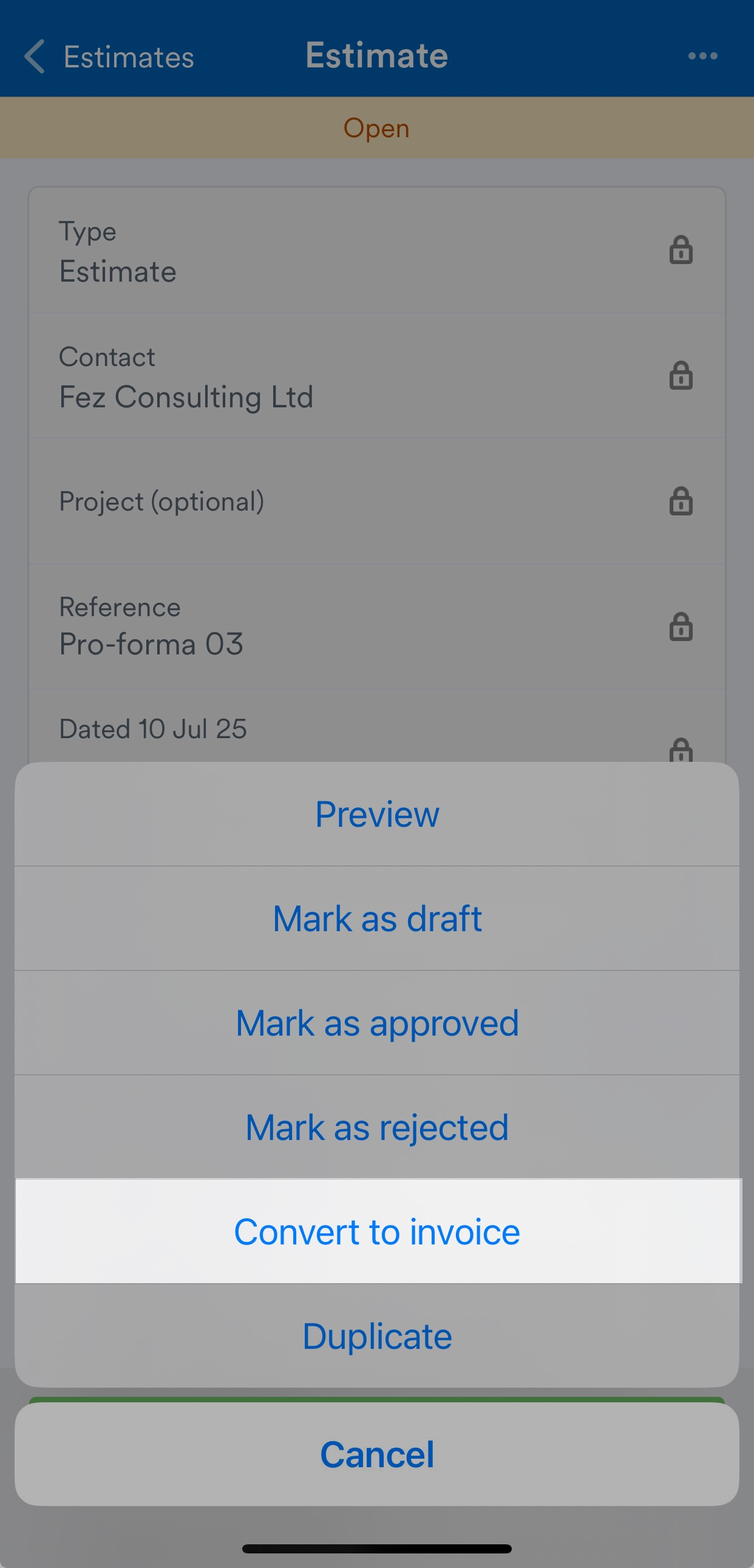 'Convert to invoice' button highlighted on three dots menu.
