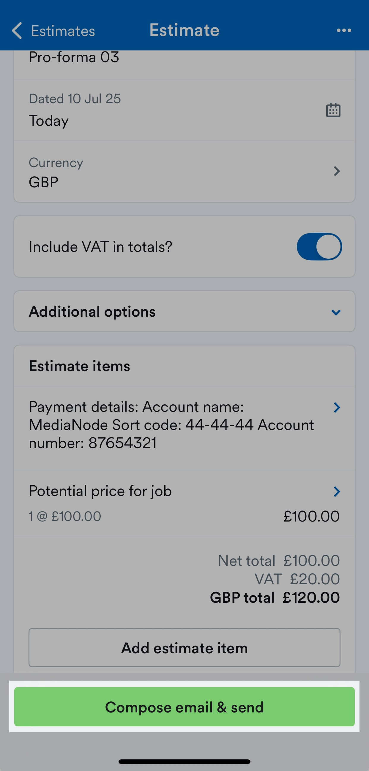 'Compose email and send' button highlighted on Estimate page.