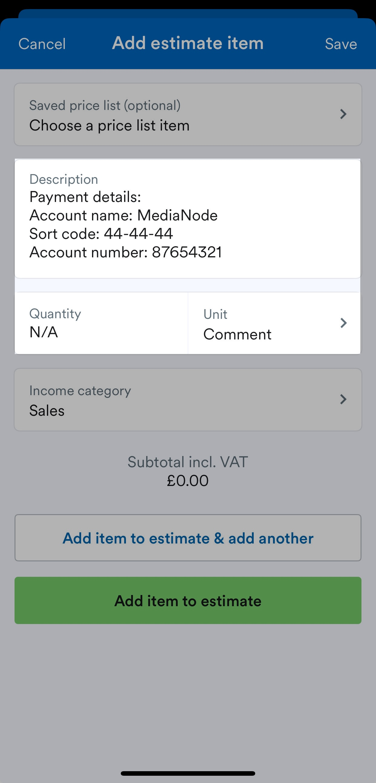 Description box highlighted with payment details input.