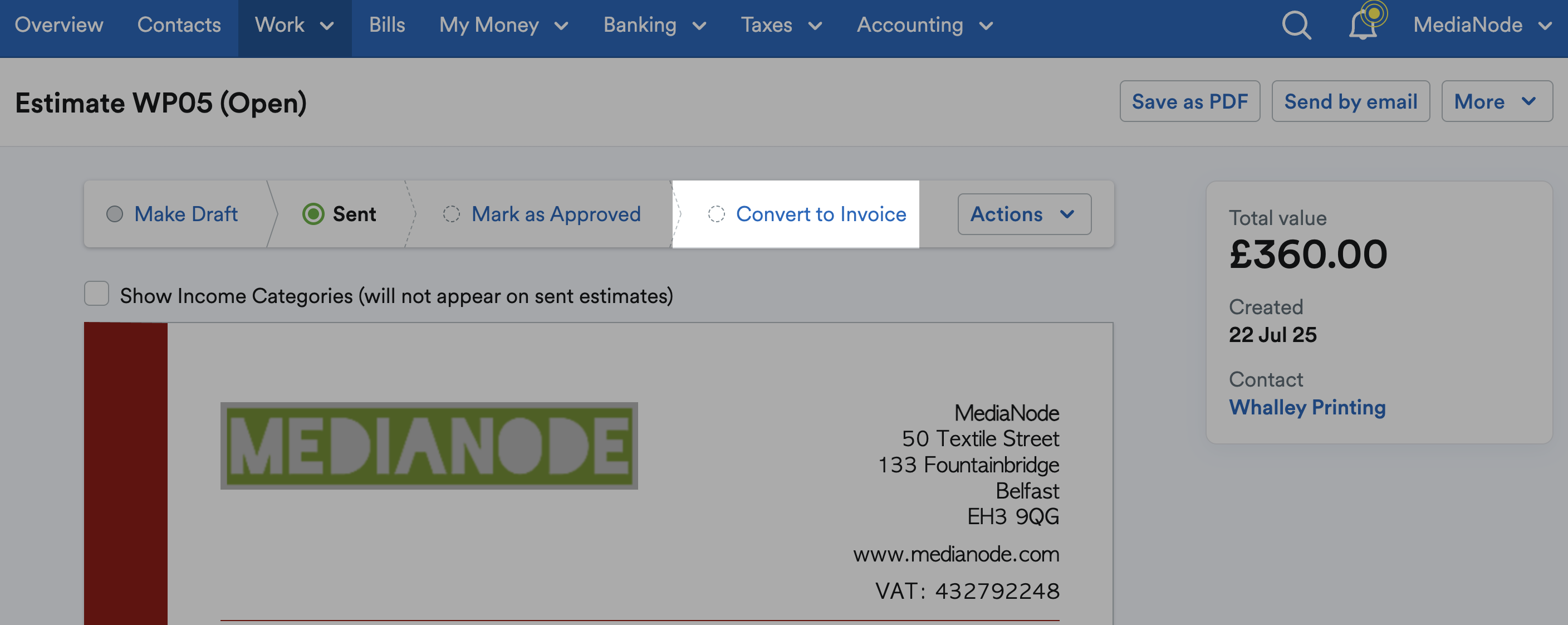 'Convert to Invoice' highlighted in status bar above the estimate.