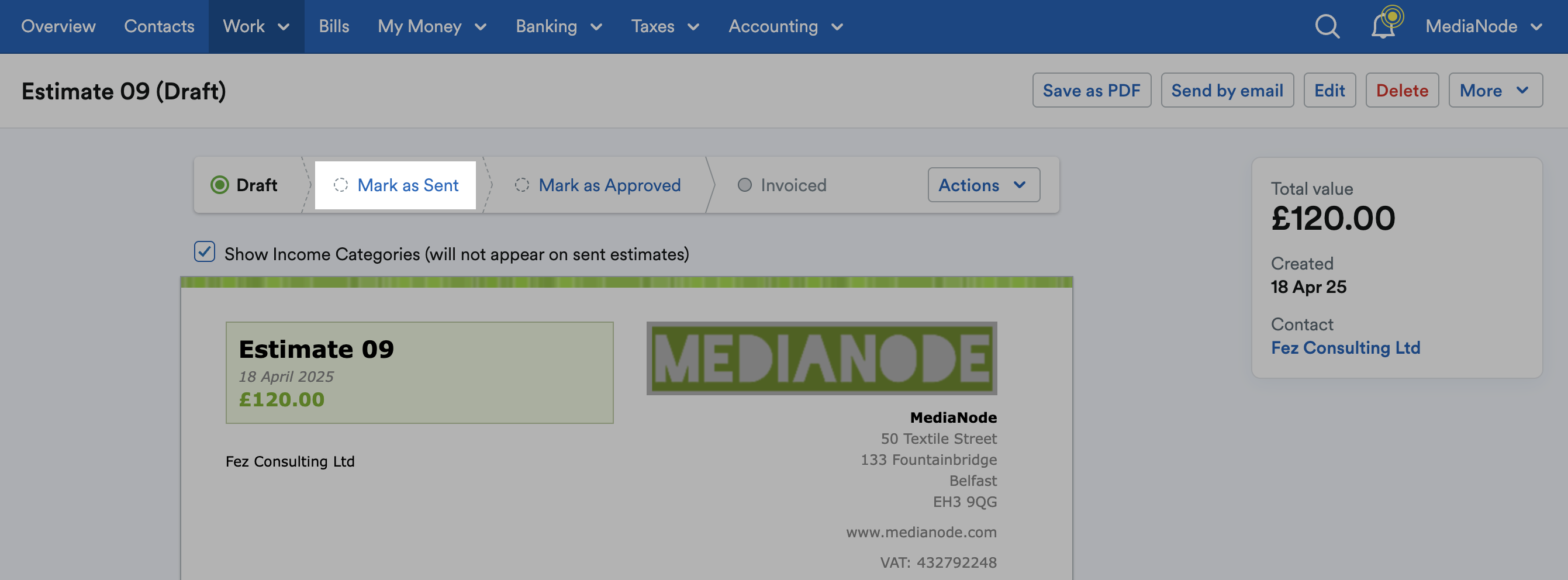 ‘Mark as Sent’ highlighted in status bar above the estimate.