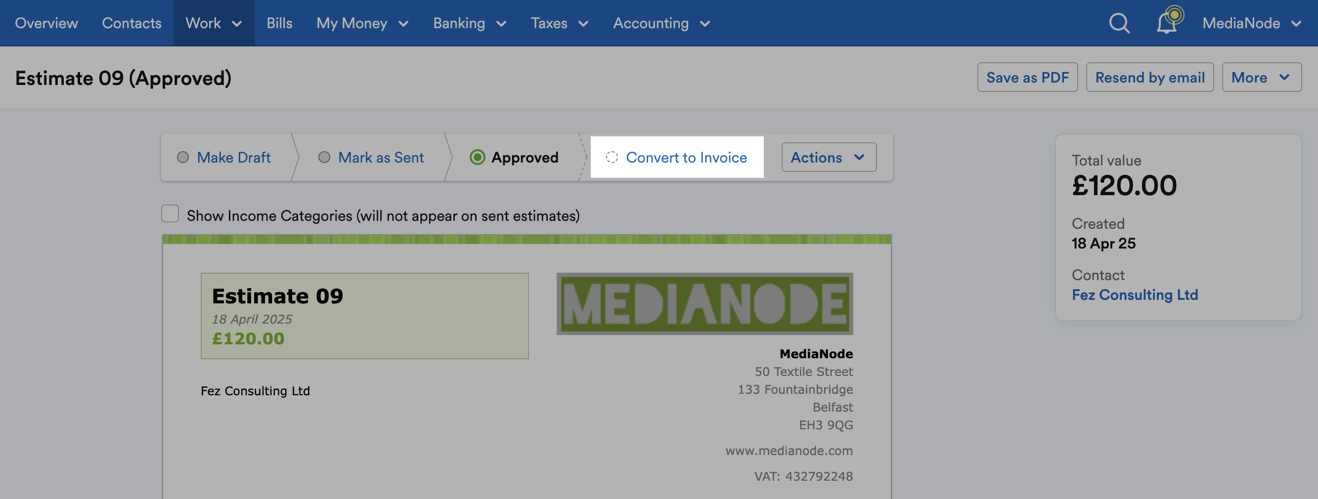 ‘Convert to Invoice’ highlighted in status bar above the estimate.