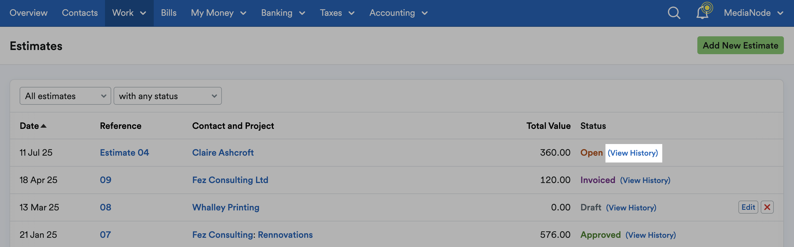 ‘View History’ highlighted next to listed estimate on Estimates page.