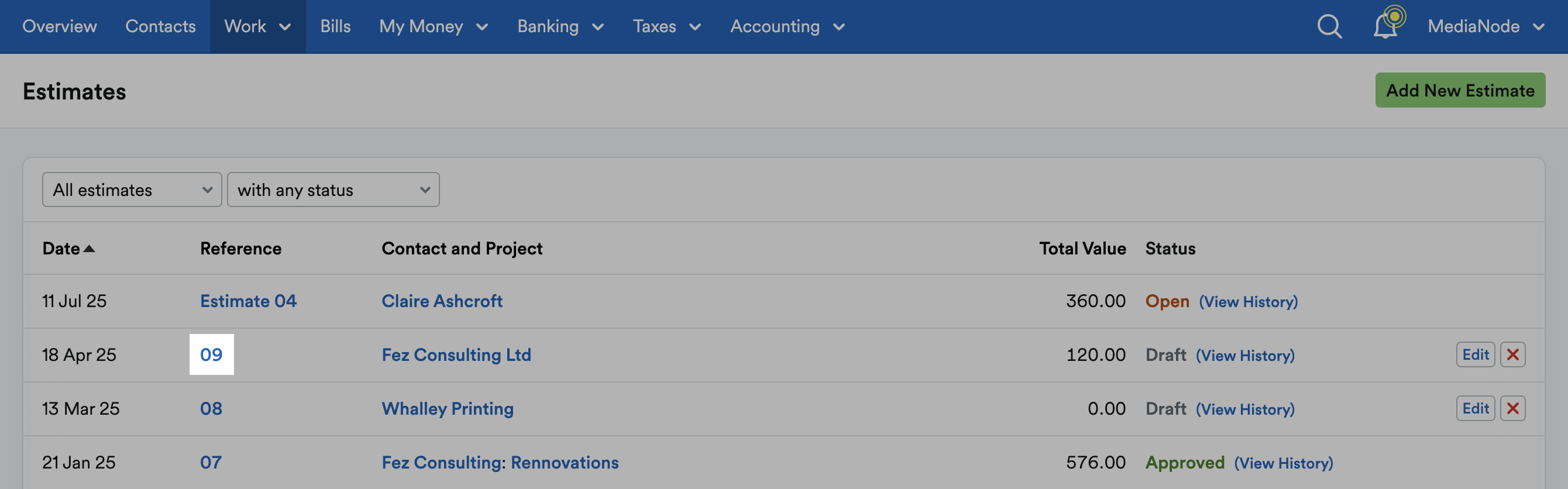 Estimate number highlighted on Estimates page.