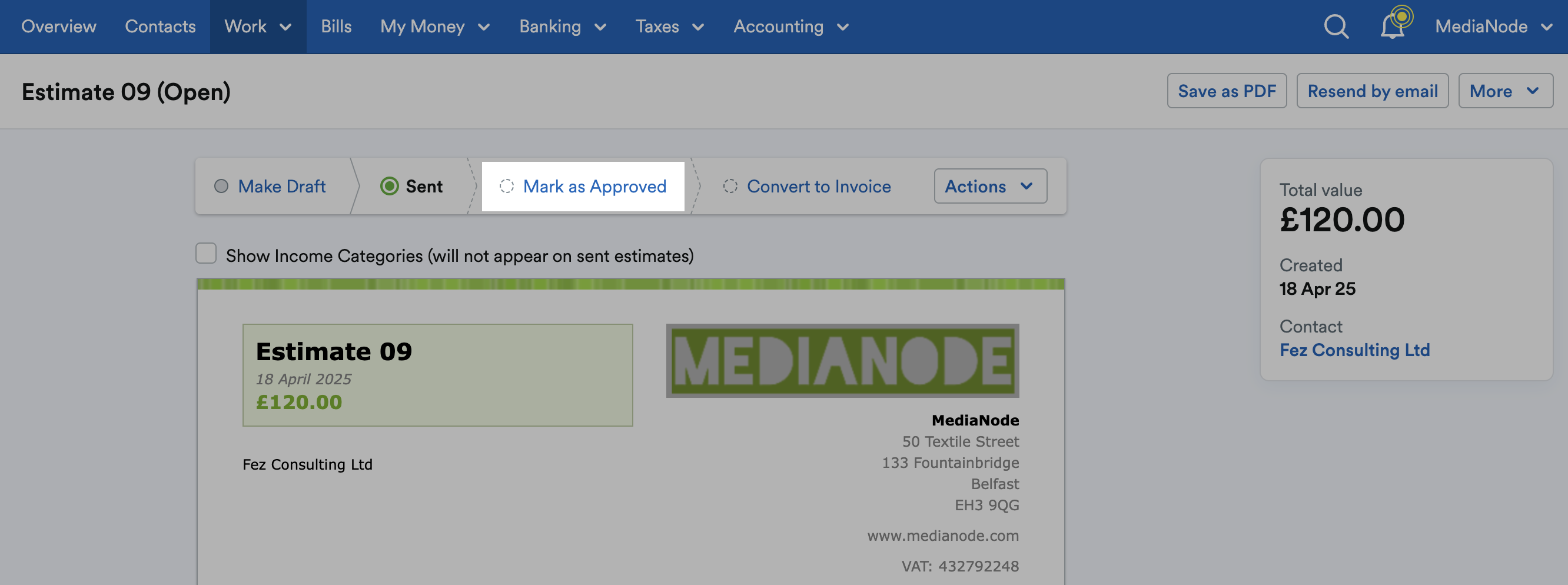 ‘Mark as Approved’ highlighted in status bar above the estimate.