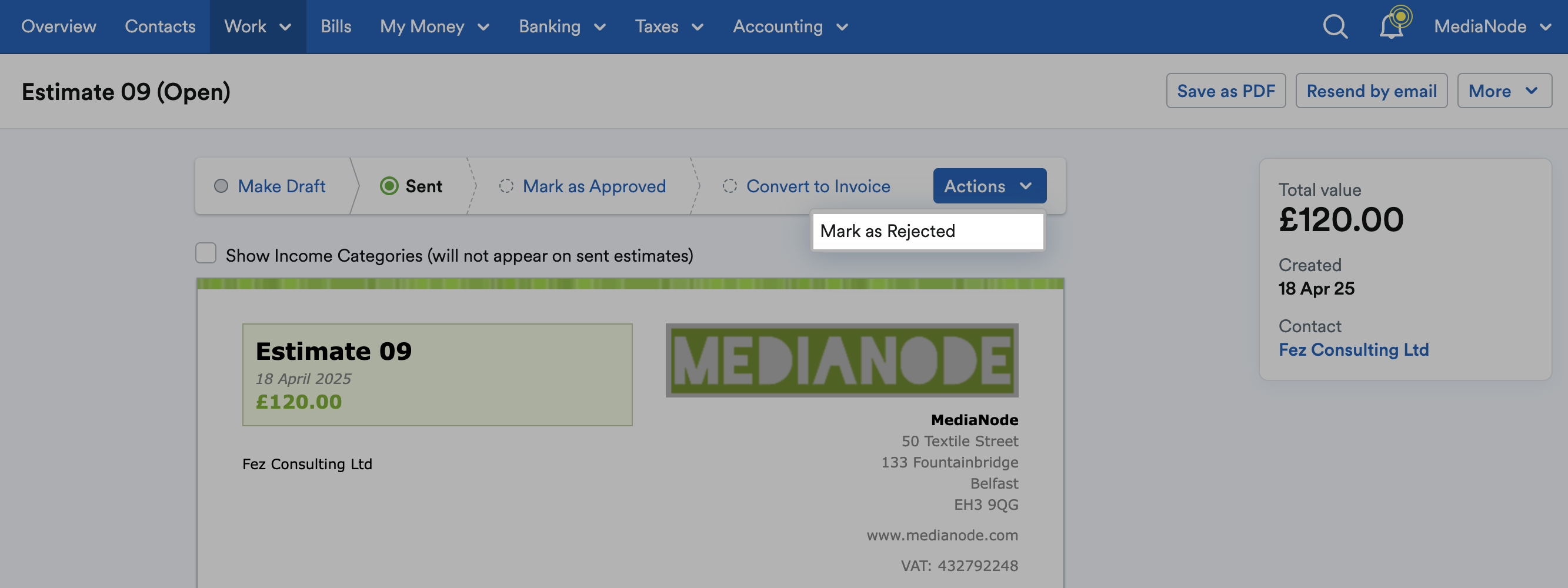 ‘Mark as Rejected’ highlighted on Actions drop-down menu.