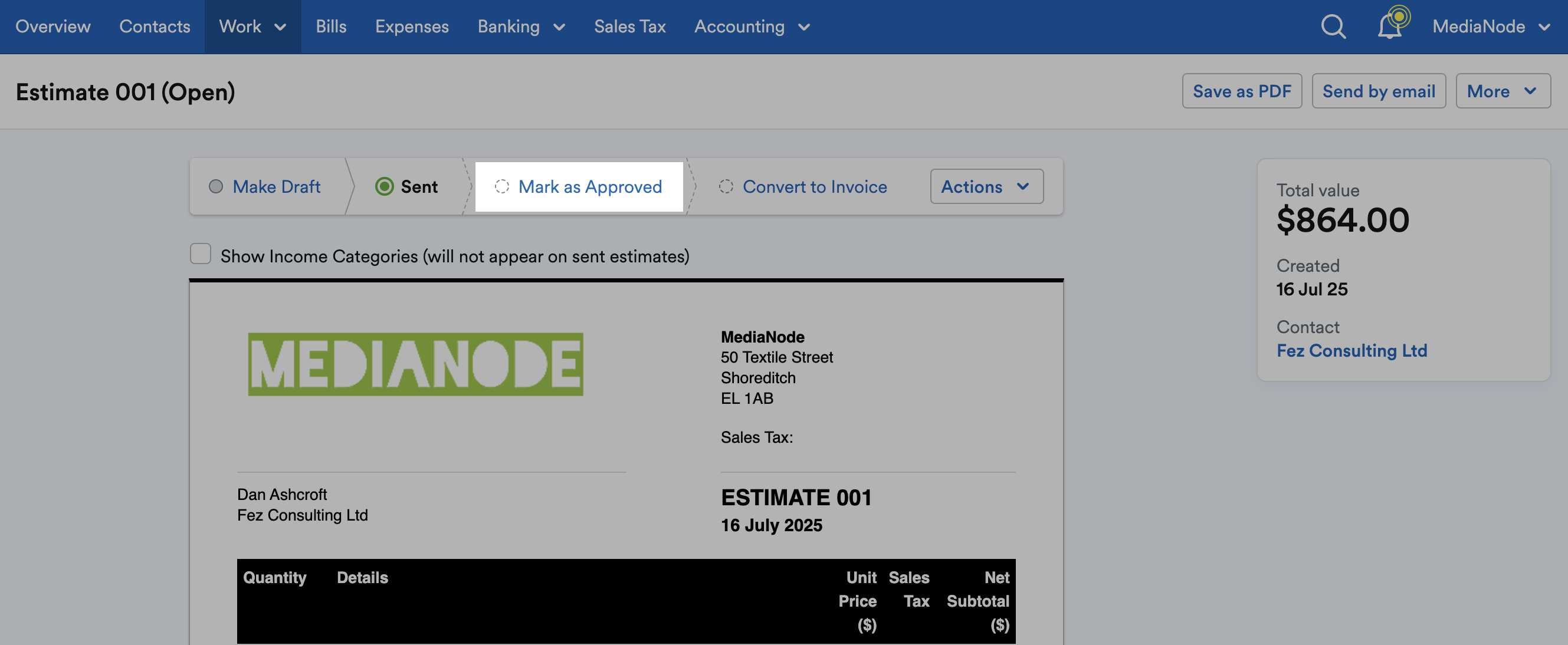 ‘Mark as Approved’ button highlighted in status bar above the estimate.