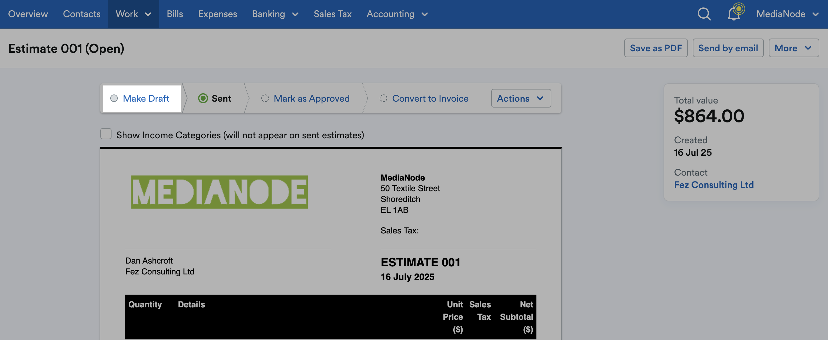 ‘Make Draft’ highlighted in status bar above the estimate.