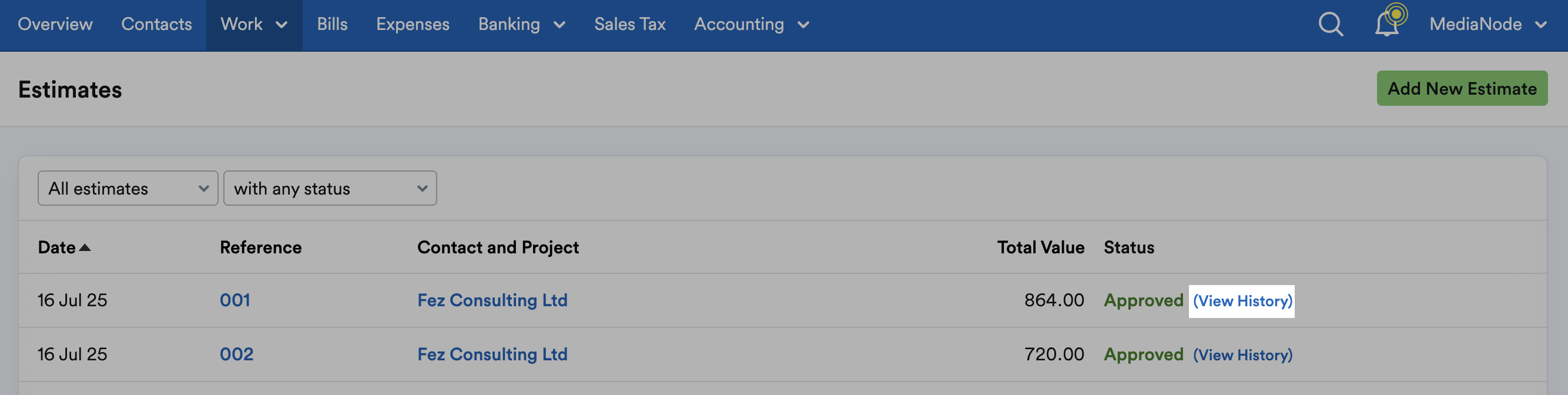 ‘View History’ highlighted next to listed estimate on Estimates page.