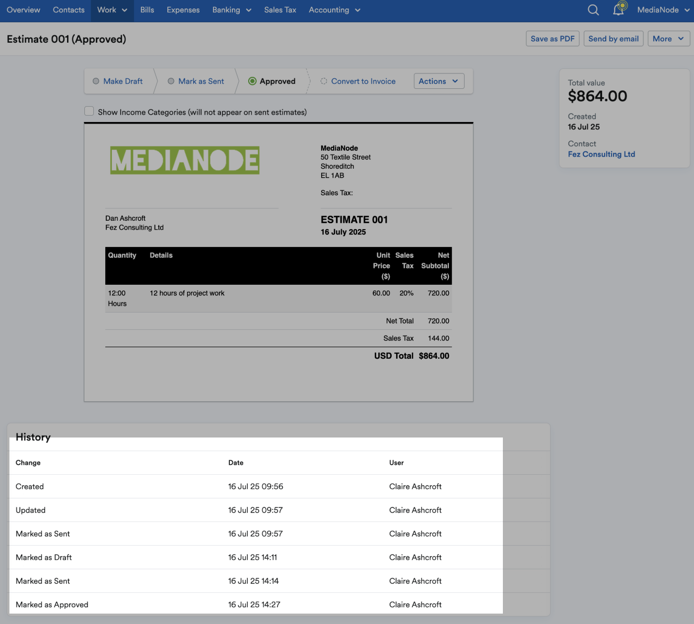 Detailed History section highlighted under the estimate.