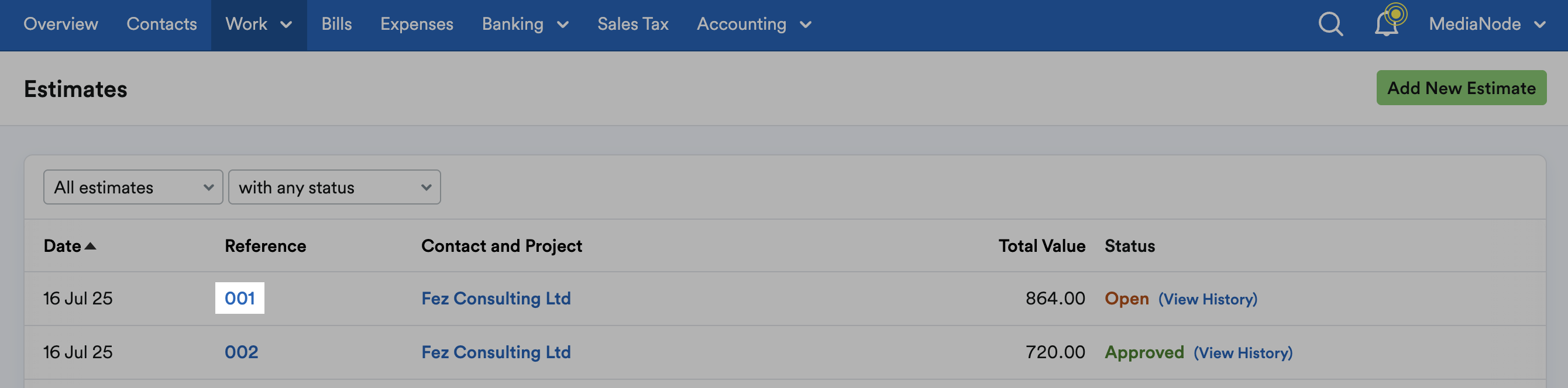 Reference number highlighted on list on Estimates page.