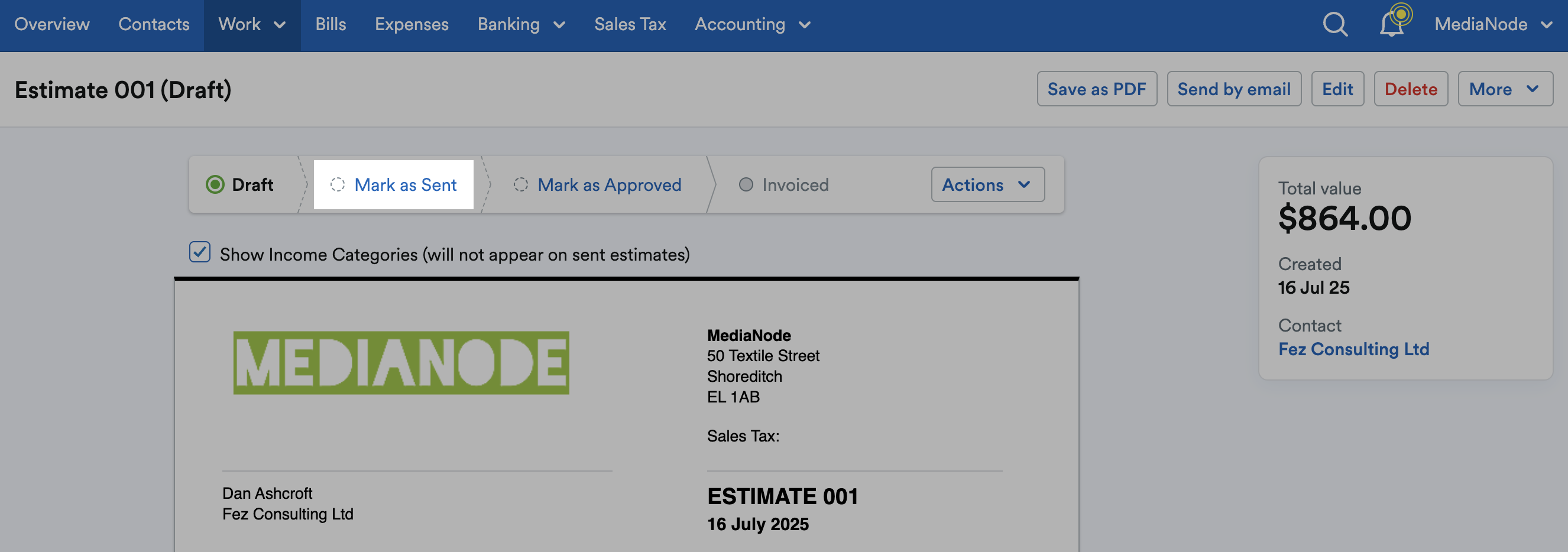 ‘Mark as Sent’ button highlighted in status bar above the estimate.