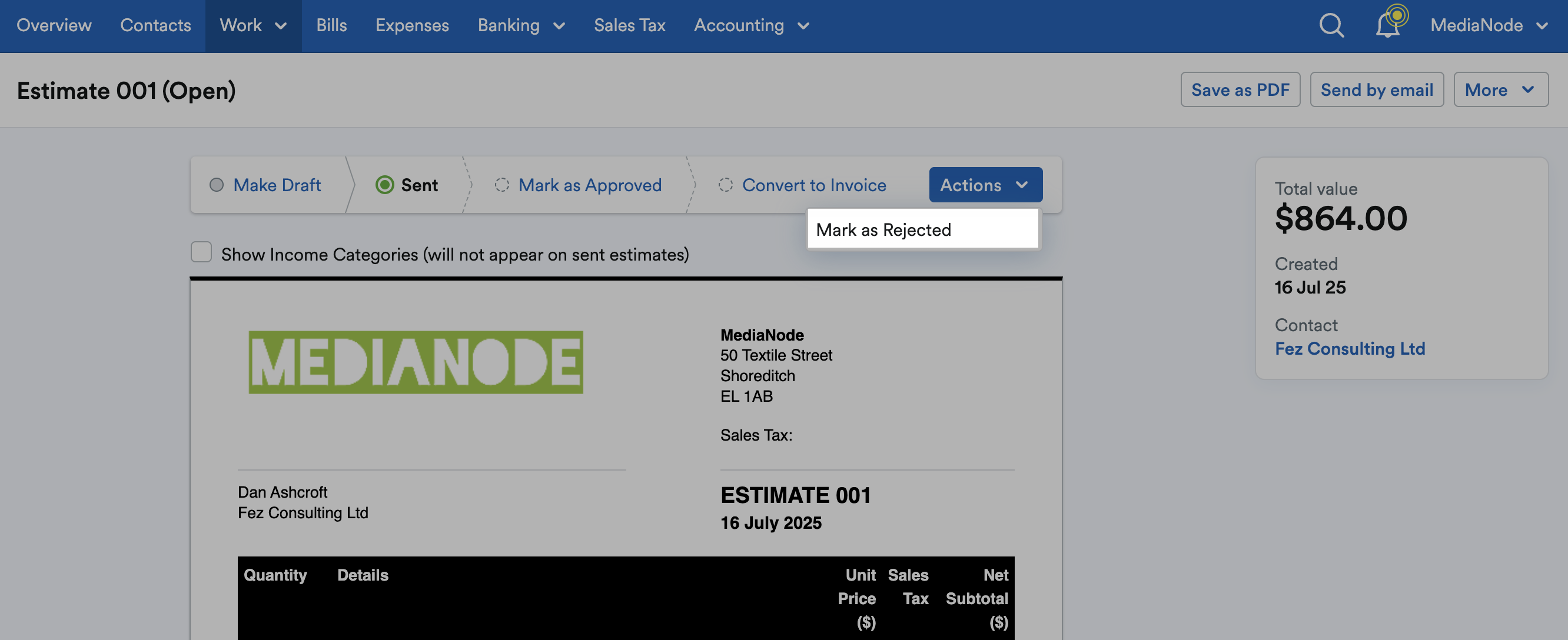 ‘Mark as Rejected’ highlighted on Actions drop down menu.