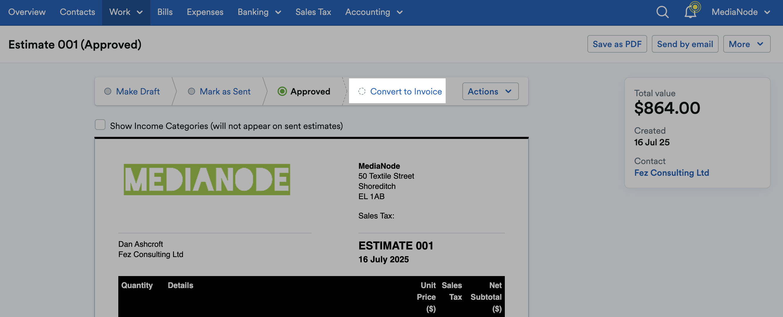‘Convert to Invoice’ highlighted in status bar above the estimate.