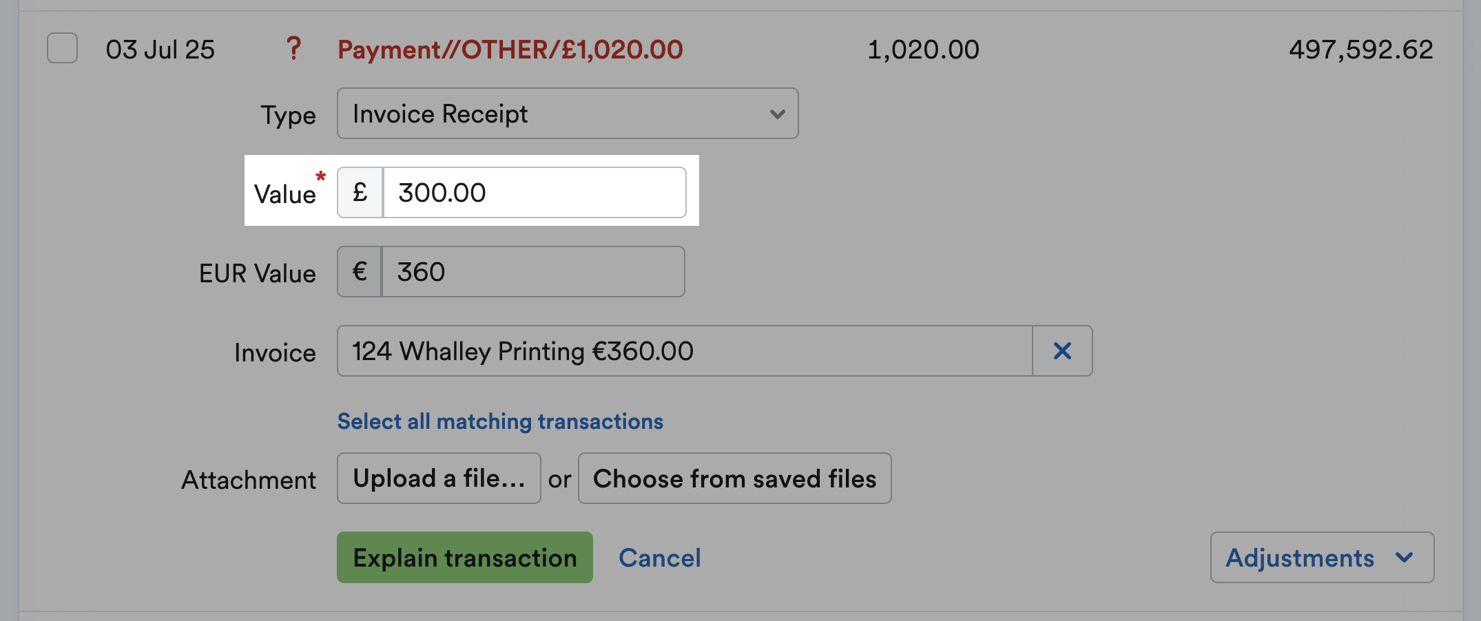 GBP value field highlighted