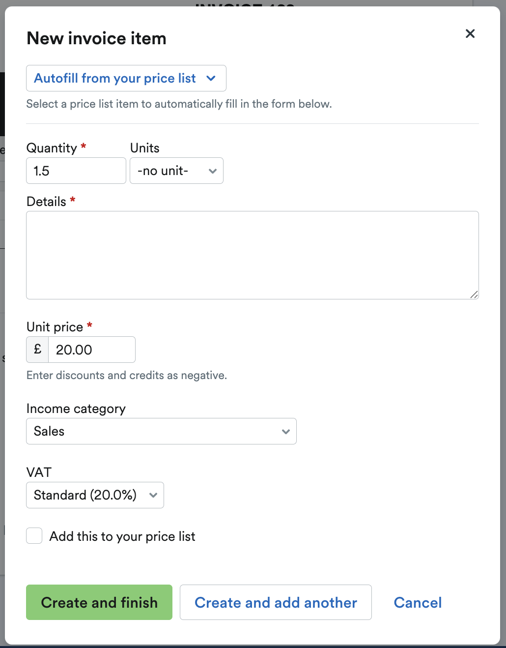 New Invoice Item pop up window.