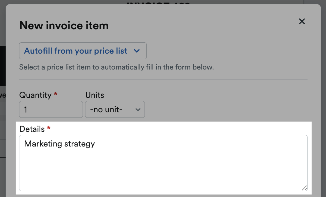 Example description written in the 'Details' box of a new invoice item.