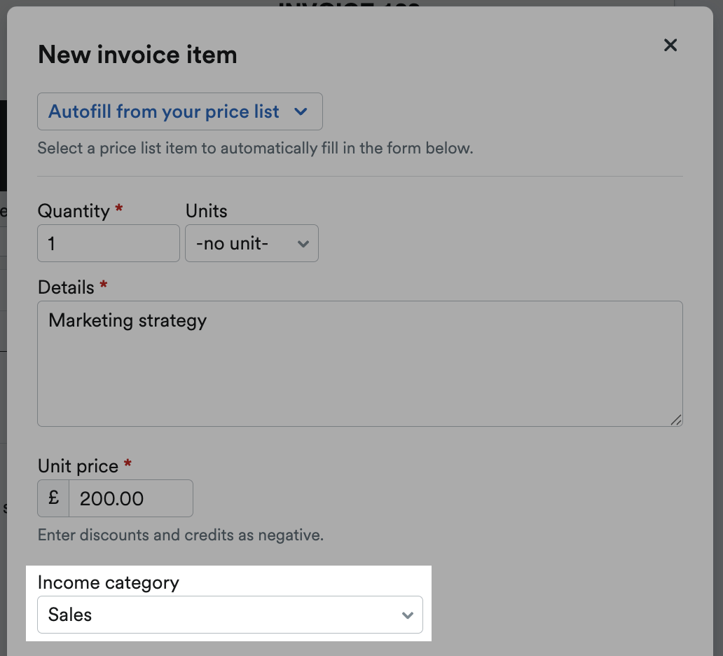Income Category highlighted in the New Invoice Item pop up window.