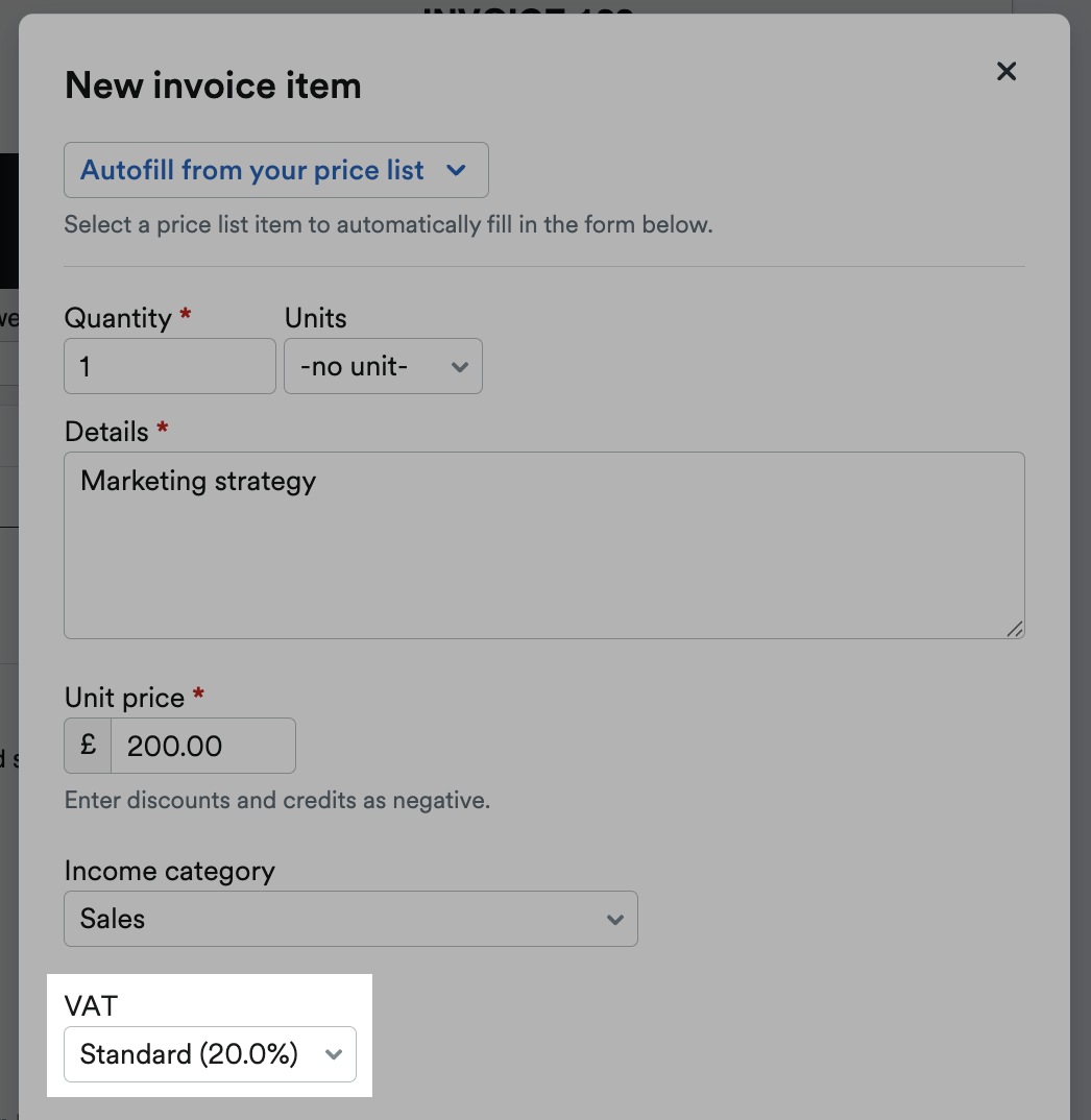 VAT section of New Invoice Item highlighted.