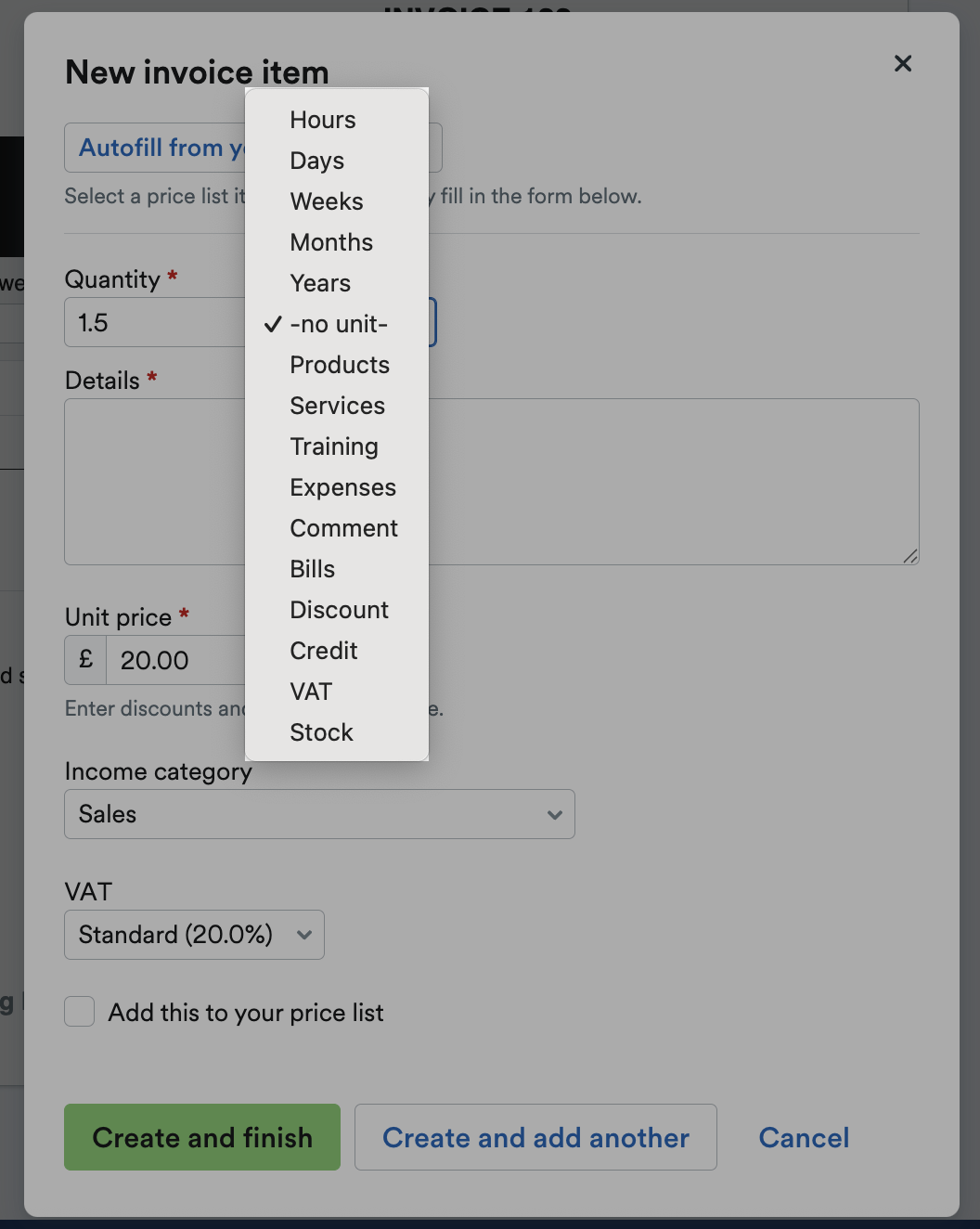 List of units to select from.