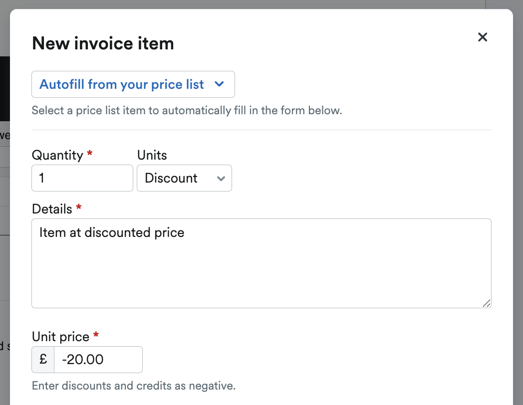 New invoice item for a discount with Unit Price as a minus figure.