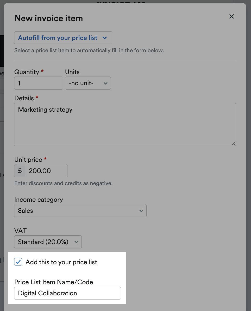 Price List Item Name / Code highlighted on New Invoice Item pop up window.
