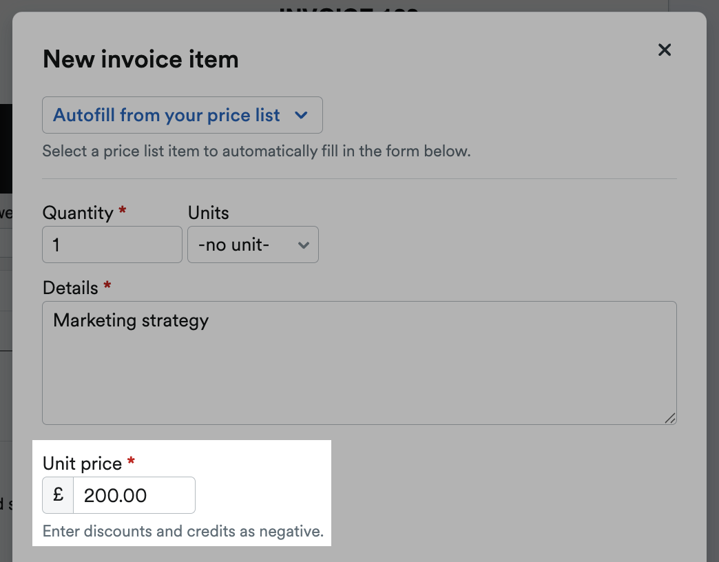 Unit Price box of a New Invoice Item.