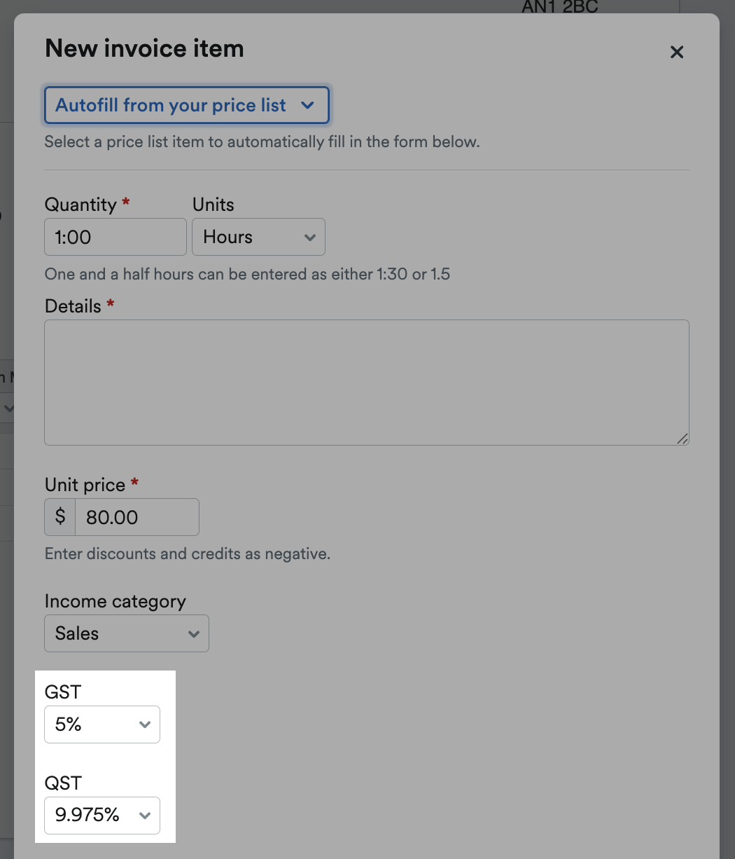 Sales Tax section highlighted on New Invoice Item pop up window.