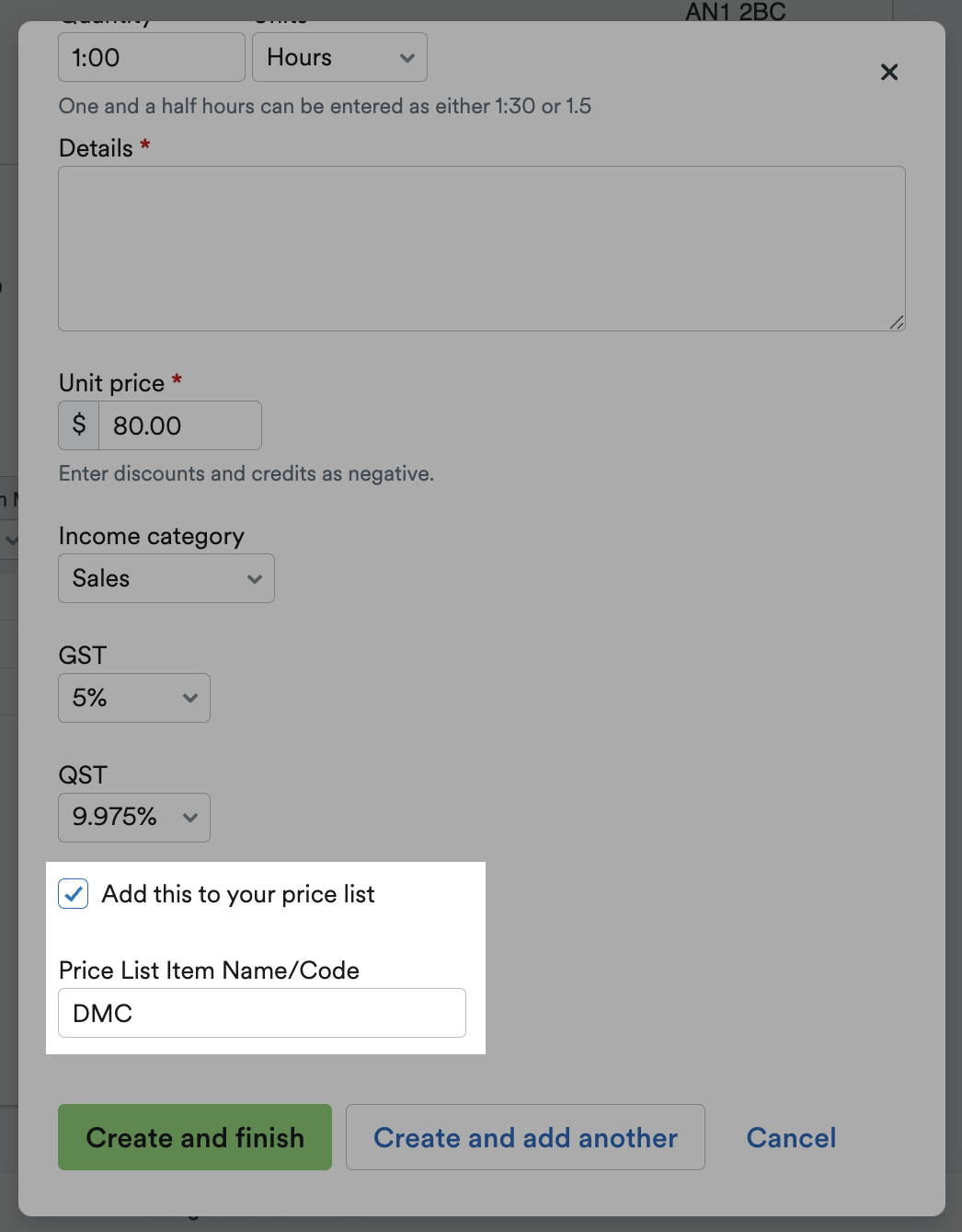 Add item to price list