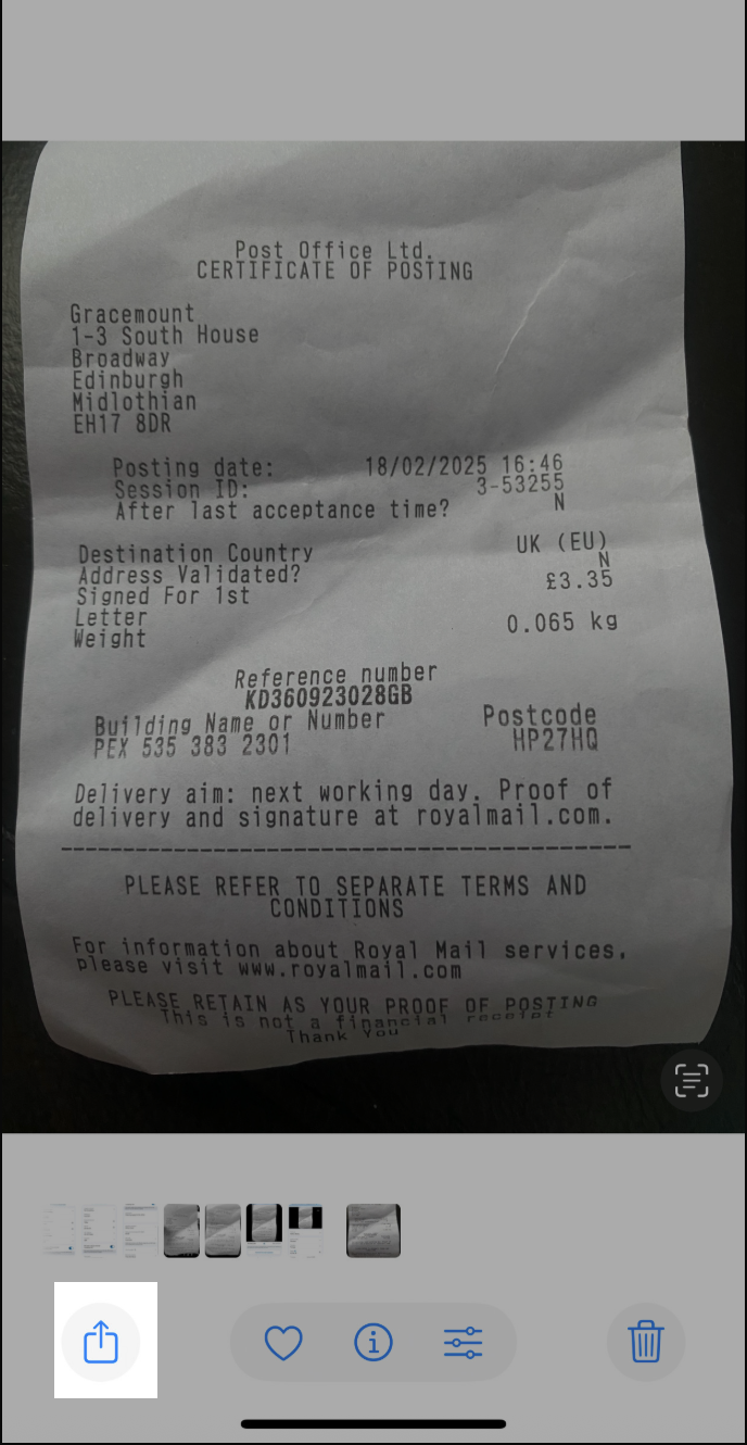 Example receipt for a postage transaction.