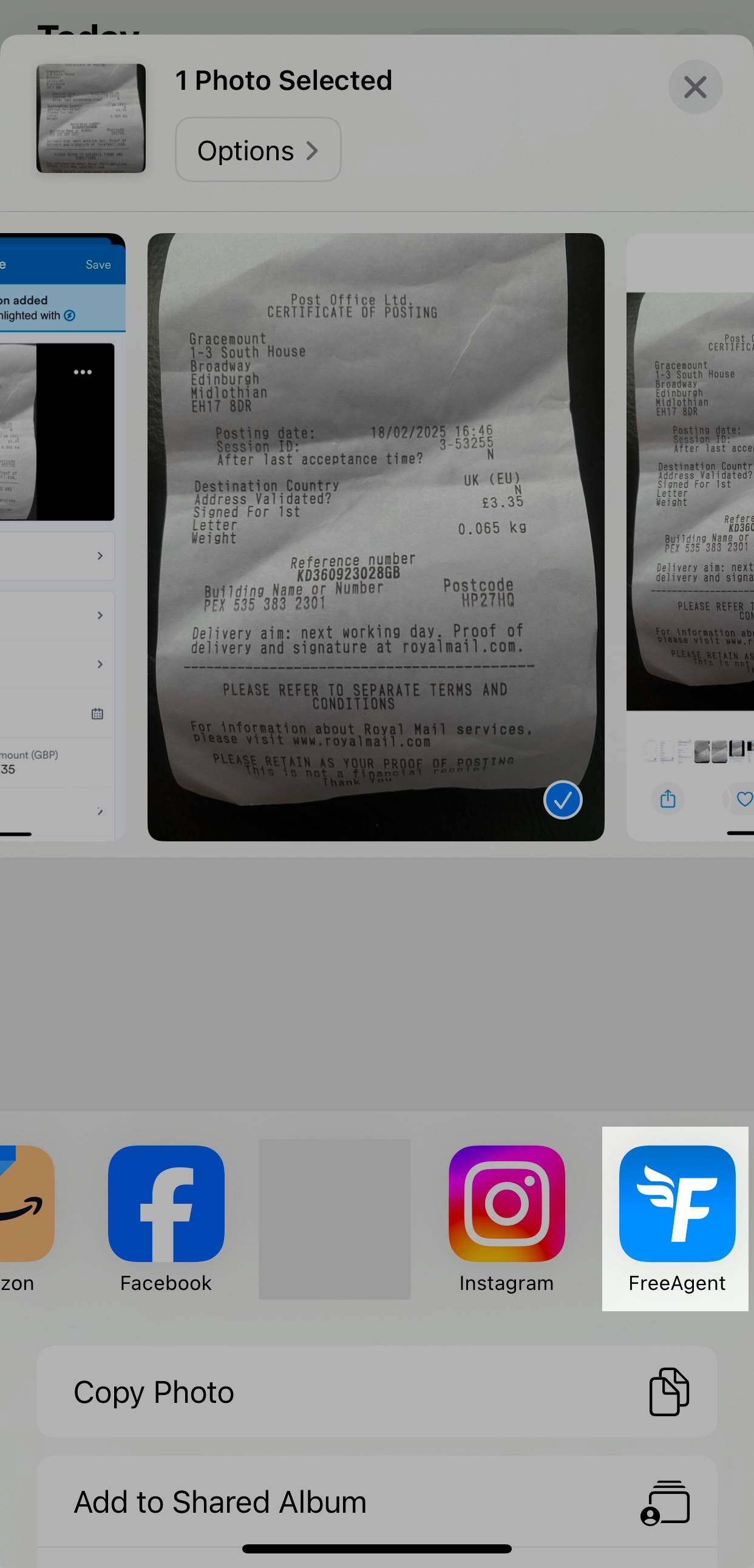 FreeAgent highlighted as app to share file to.
