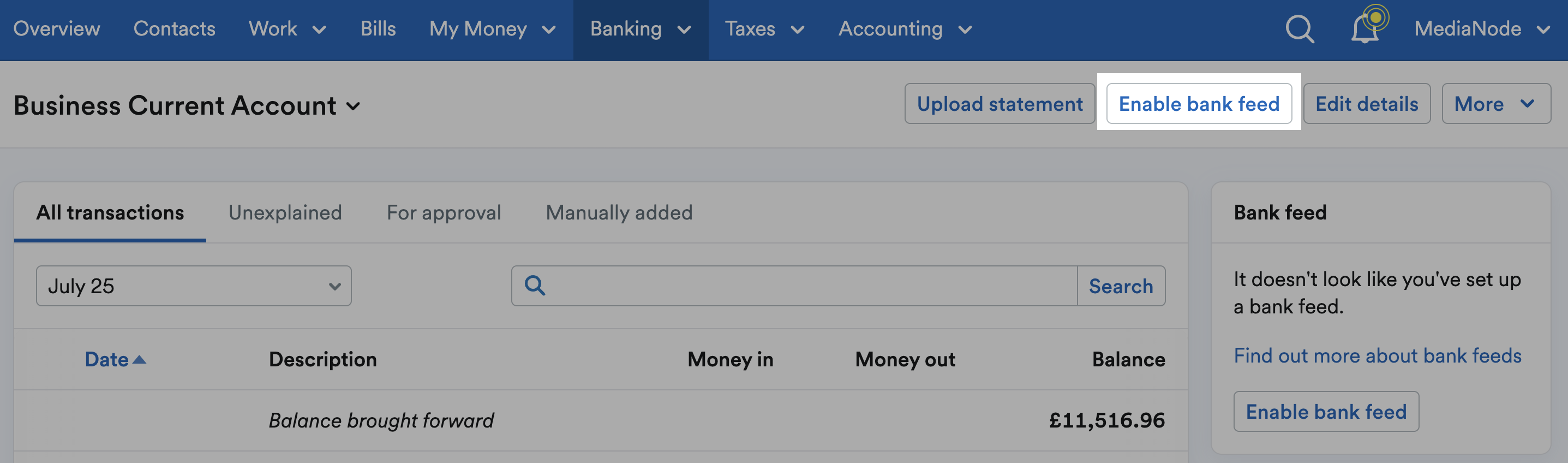 'Enable Bank Feed' button highlighted at top of Business Current Account page.