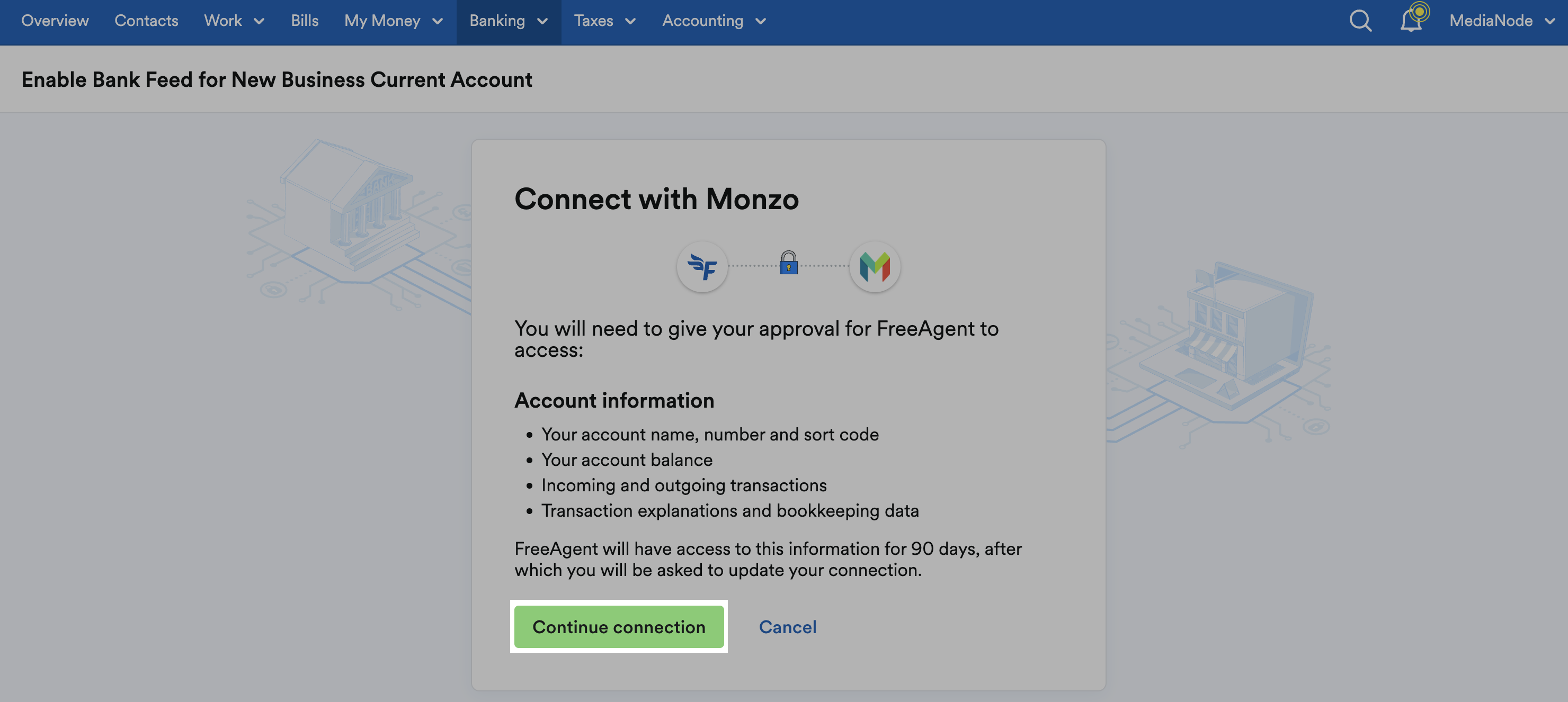 ‘Continue connection’ button highlighted on Connect with Monzo page.