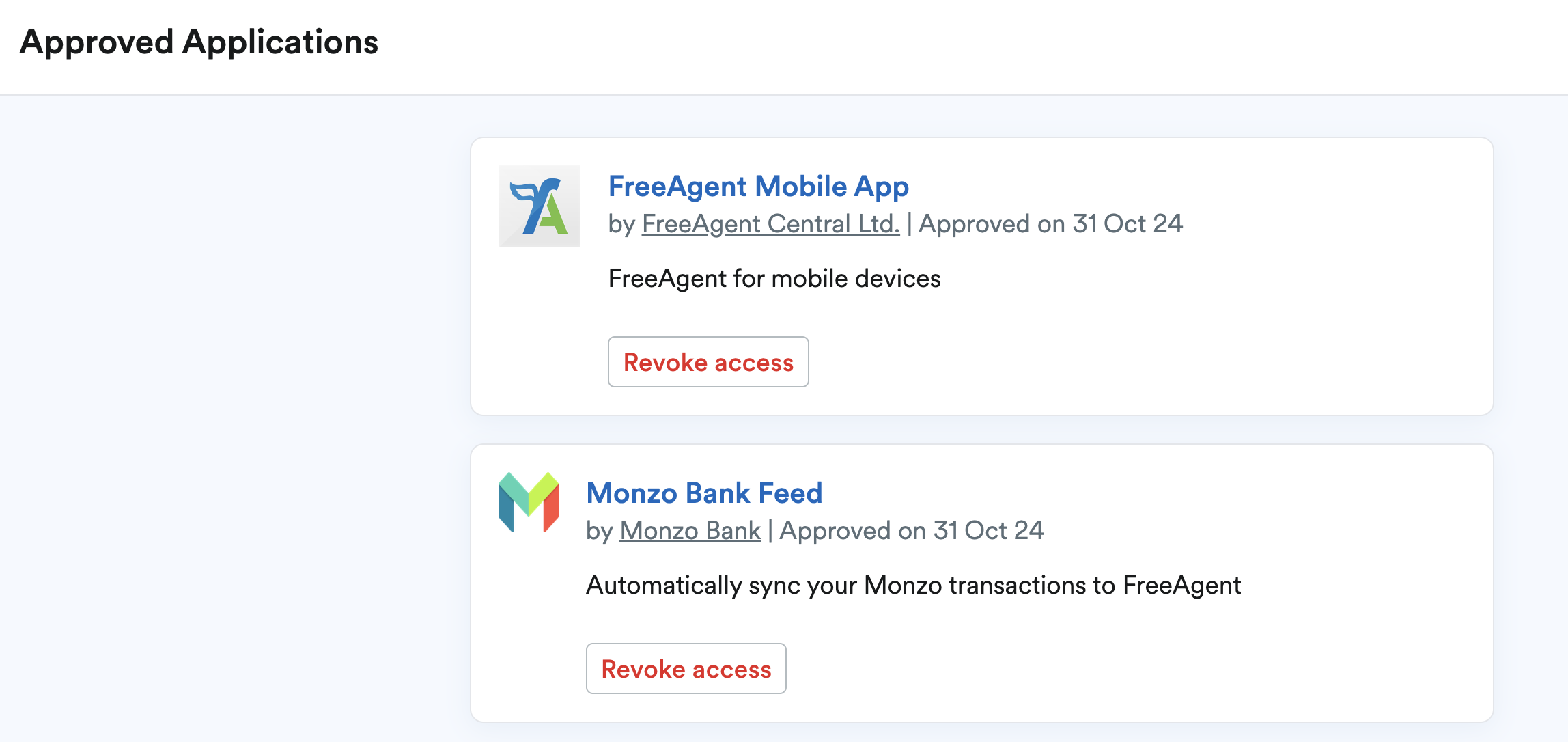 Monzo bank feed showing in approved applications area