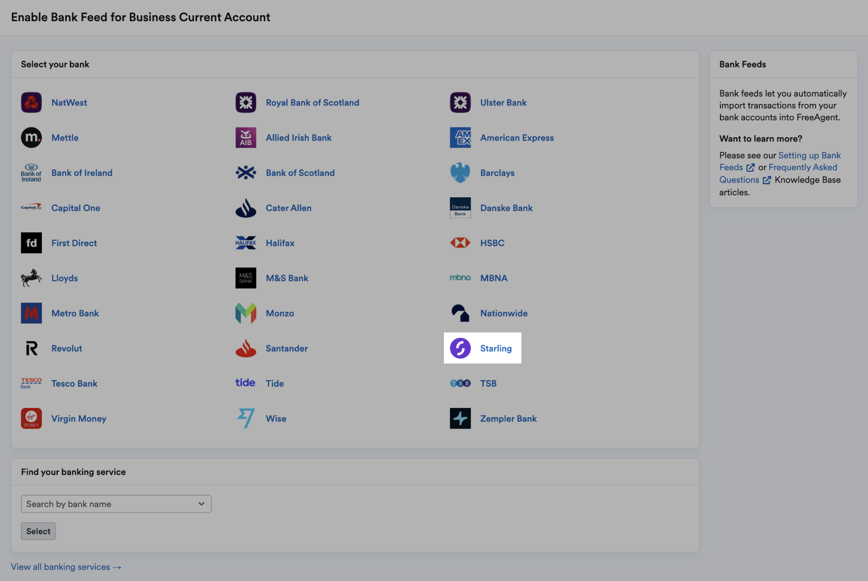 Starling highlighted in the list of available banks