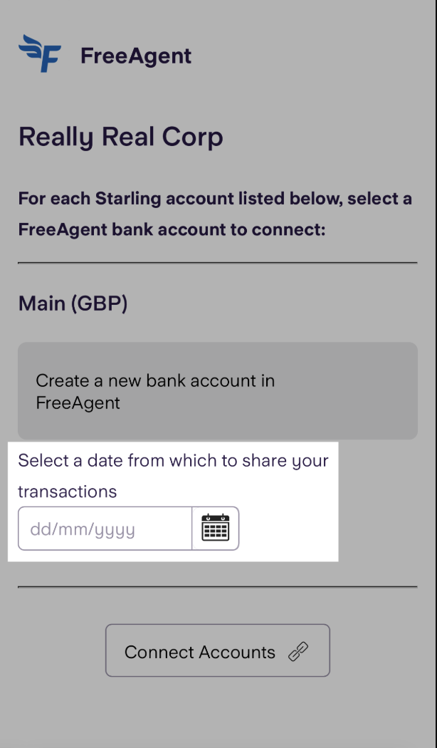 Starling sign up page to link to FreeAgent