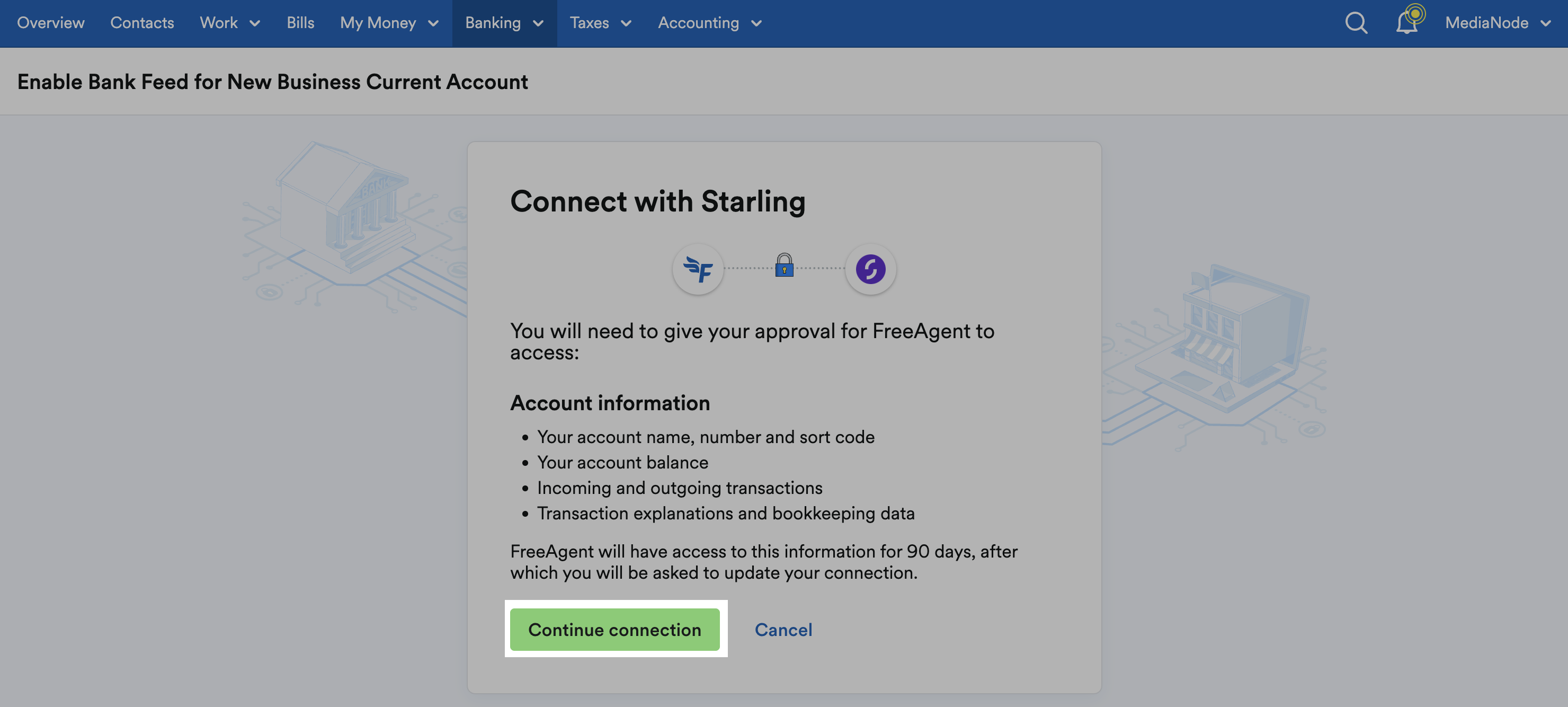 Continue connection on Connect with Starling screen