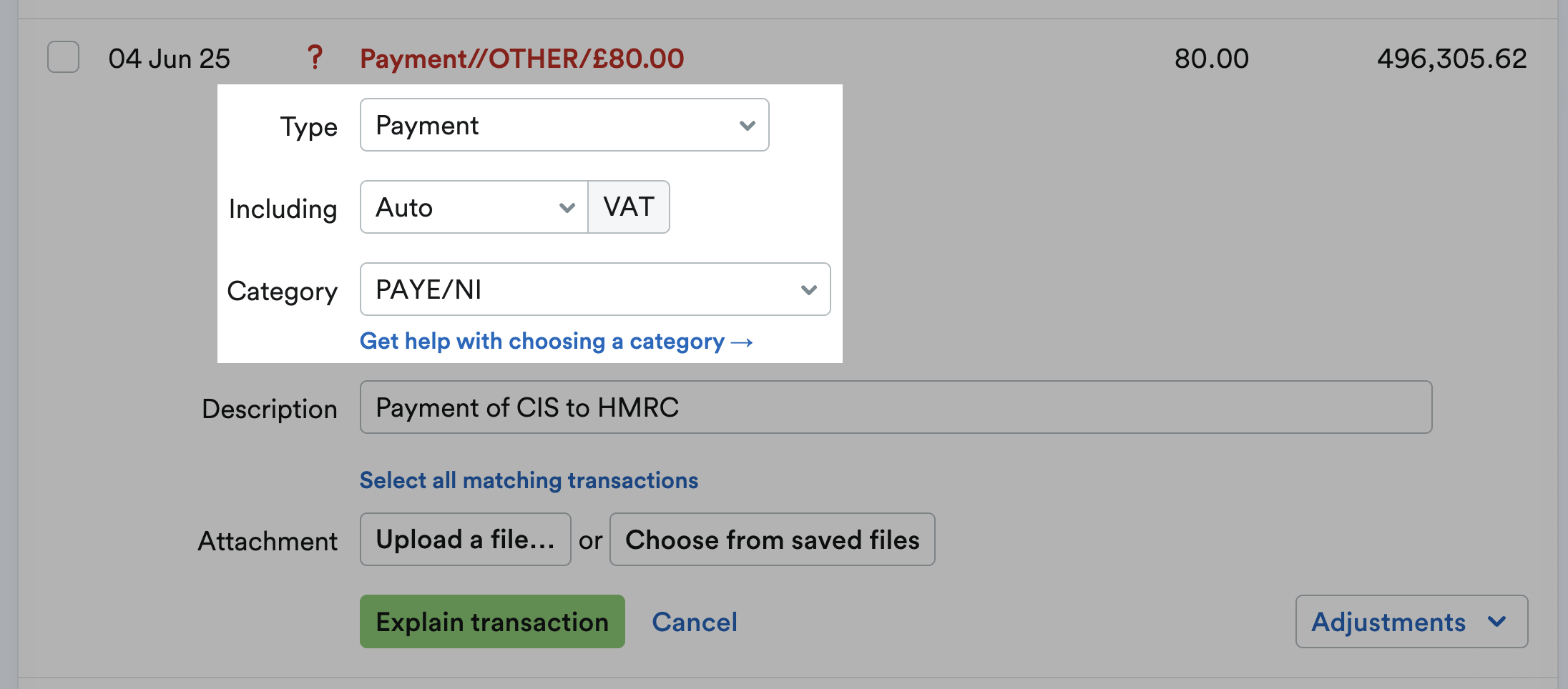Payment marked with a Type of Payment and Category of PAYE/NI.
