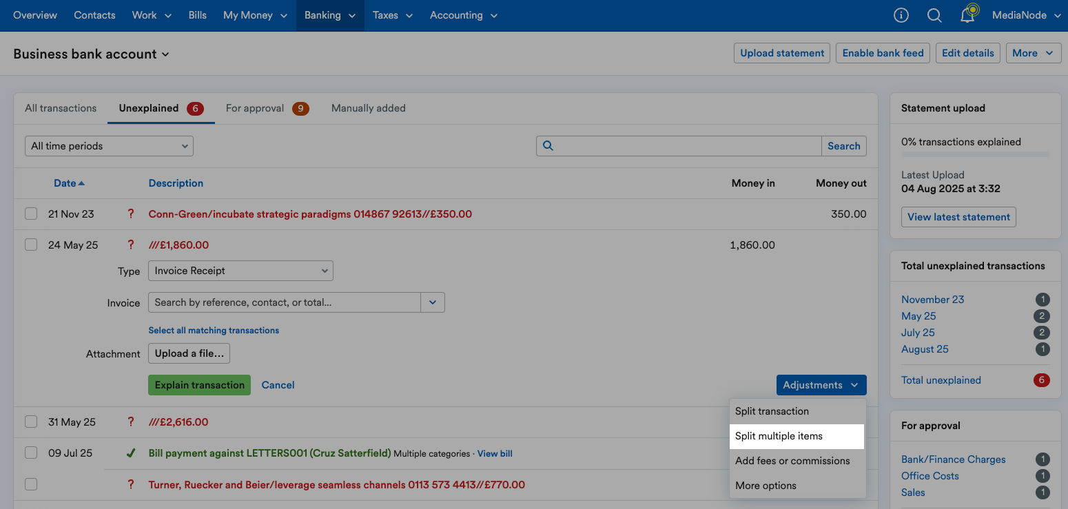 Split multiple items highlighted from the Adjustments drop-down menu
